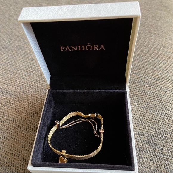 Pandora 14k Gold Plated Reflexion Mesh Bracelet w/ Pandora Charms & Safely Chain - Picture 12 of 15